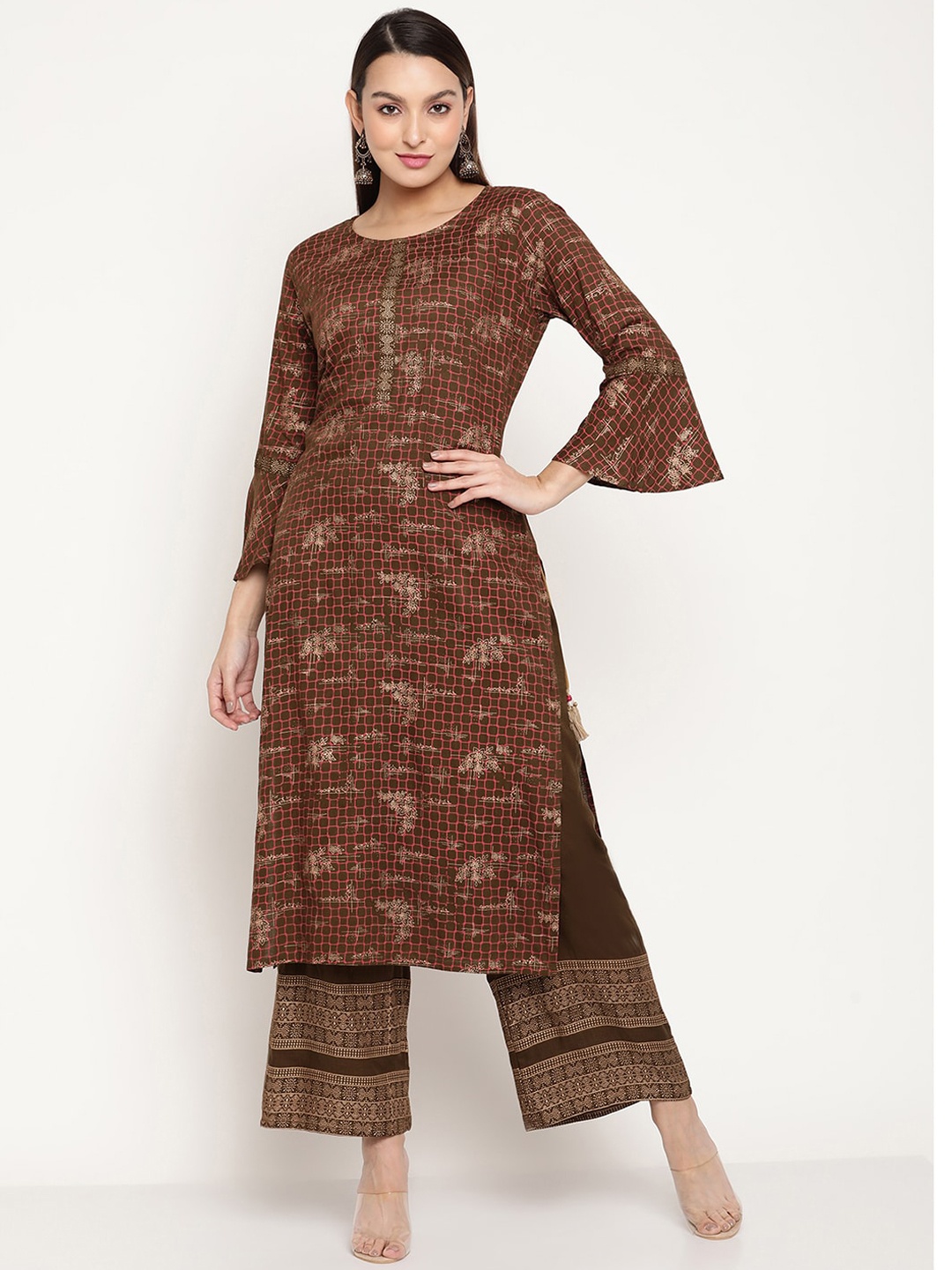 

aayusika Women Ethnic Motifs Printed Kurta with Palazzos, Brown