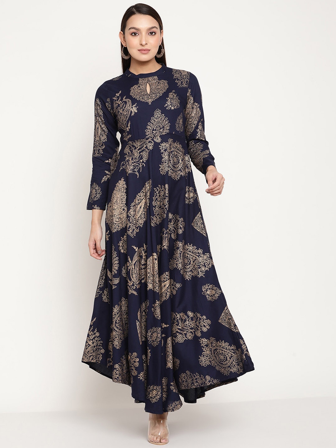 

aayusika Women Ethnic Printed Keyhole Neck Anarkali Kurta, Navy blue