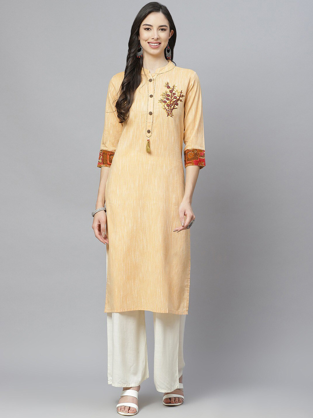 

aayusika Women Ethnic Motifs Embroidered Cotton Kurta, Yellow