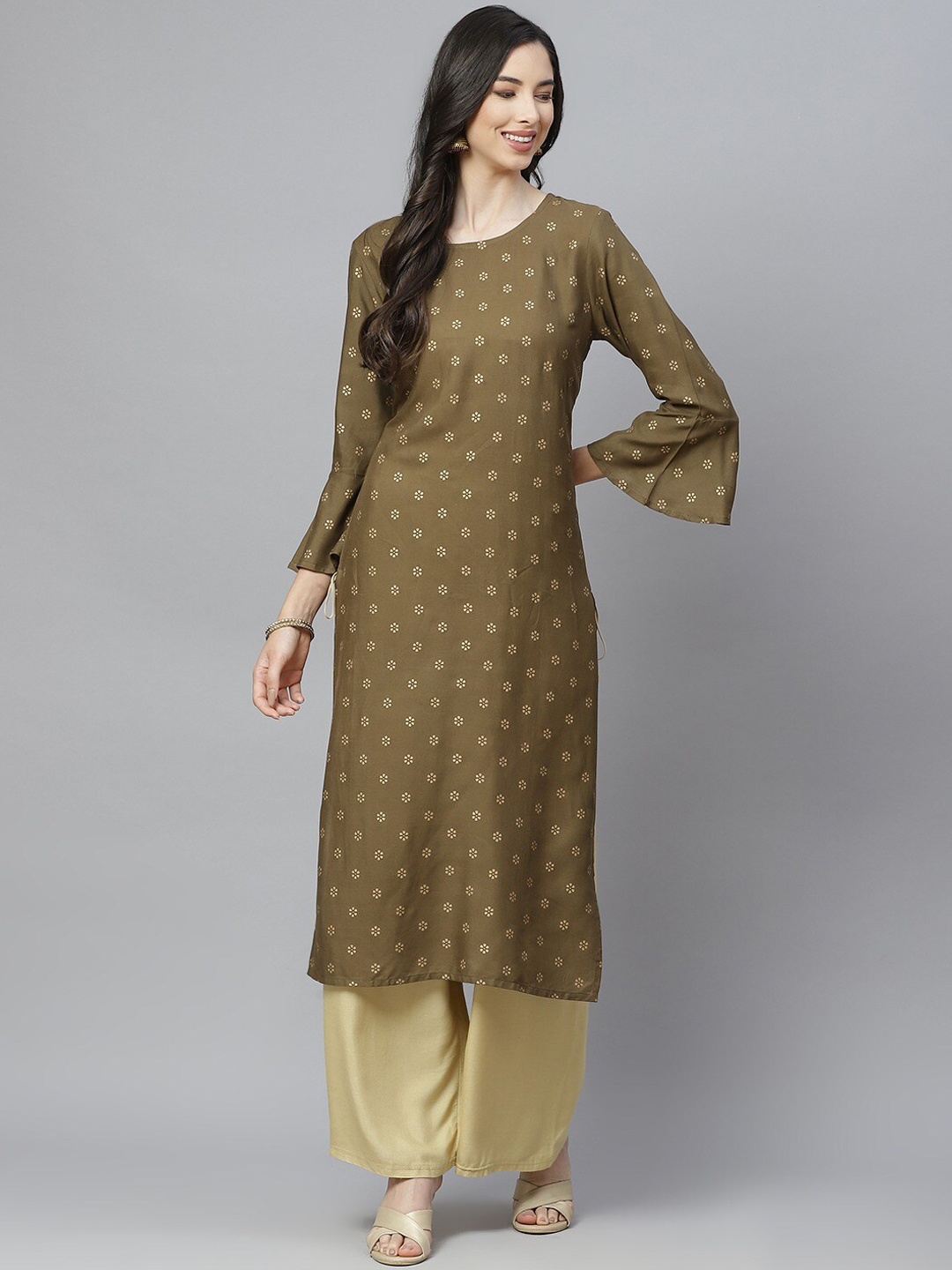 

aayusika Women Ethnic Motifs Printed Flared Sleeves Kurta, Olive