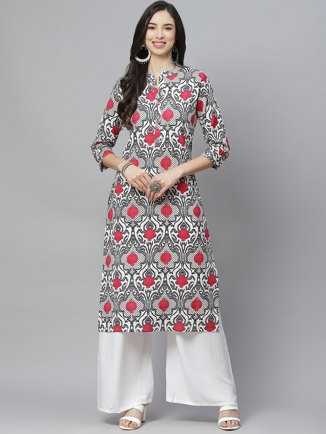 

aayusika Women Ethnic Motifs Printed Mandarin Collar Cotton Kurta, Grey