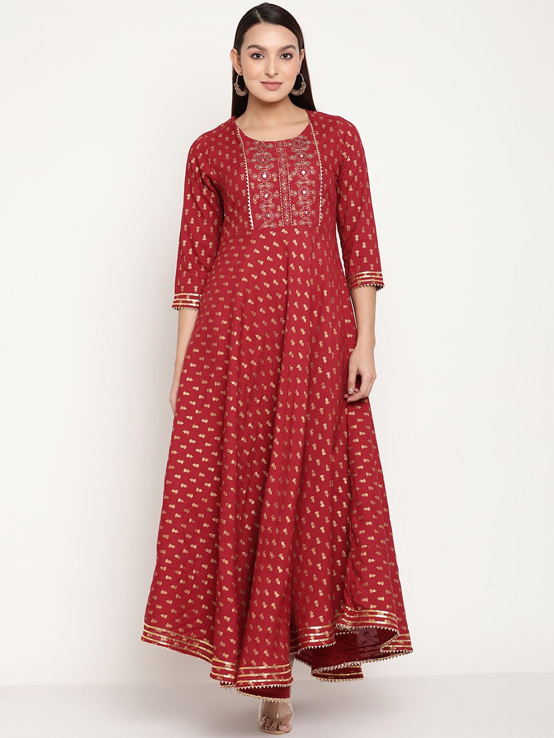 

aayusika Women Maroon Ethnic Motifs Printed Mirror Work Floral Anarkali Kurta