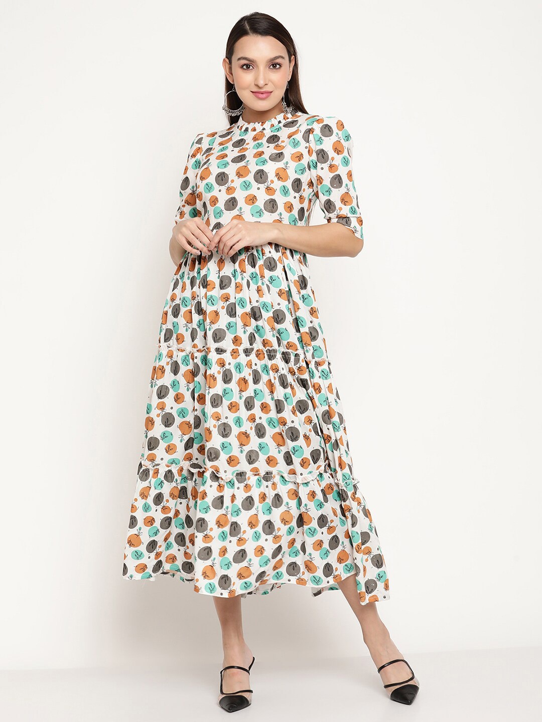 

aayusika Conversational Printed Midi Fit & Flare Dress, White