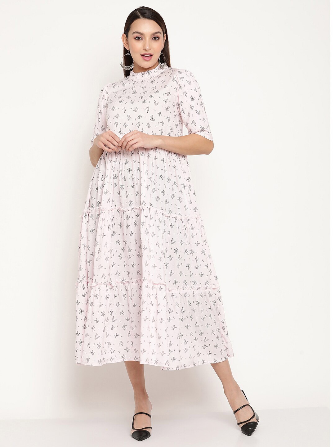

aayusika Floral Printed Mock Neck A-Line Midi Dress, Pink