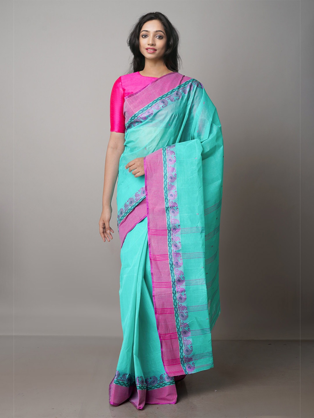 

Unnati Silks Woven Design Zari Pure Cotton Taant Saree, Green