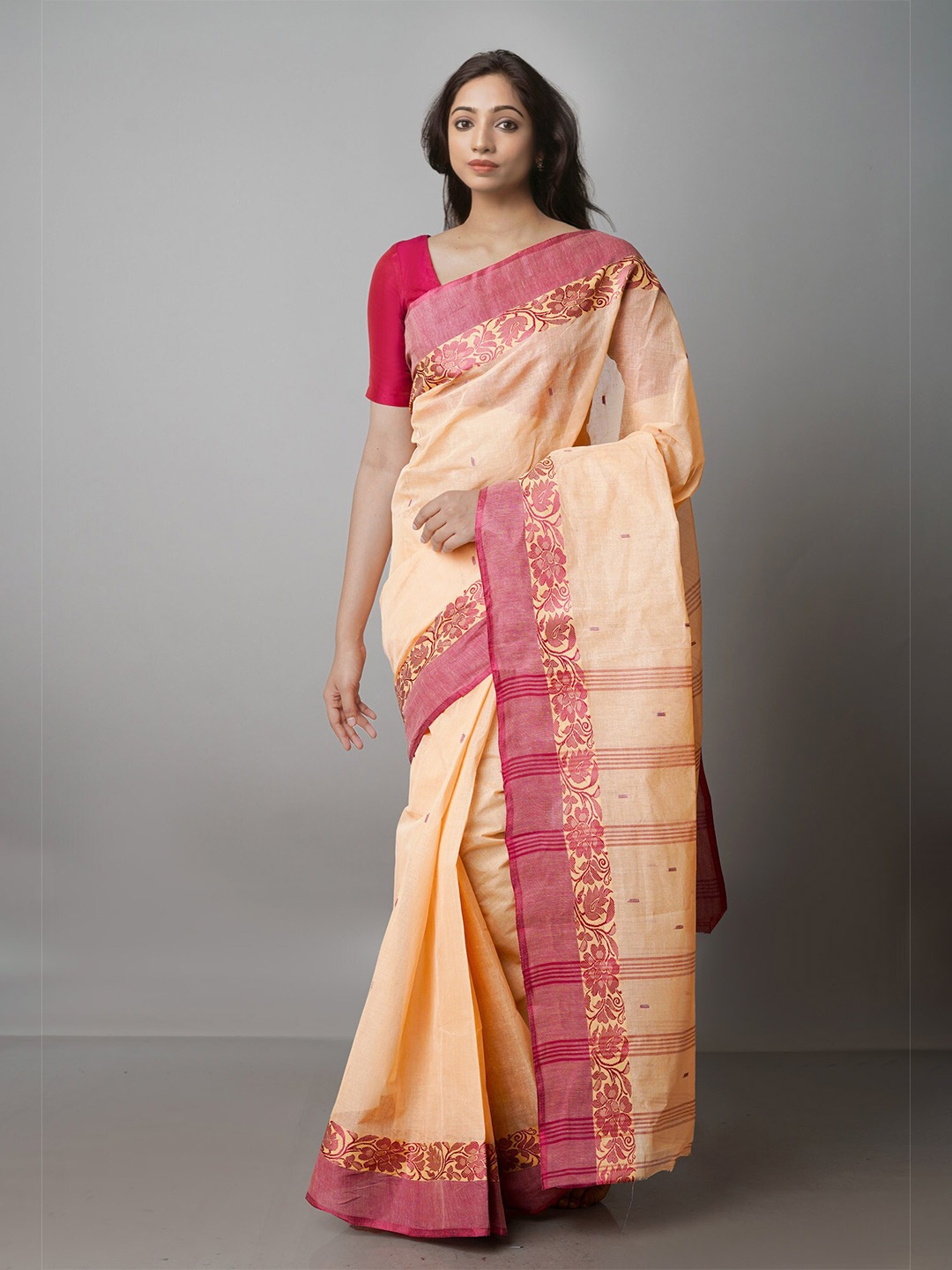 

Unnati Silks Orange & Pink Woven Design Zari Pure Cotton Taant Saree