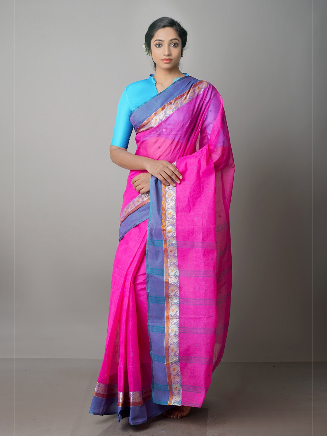 

Unnati Silks Woven Design Zari Pure Cotton Taant Handloom Saree, Pink