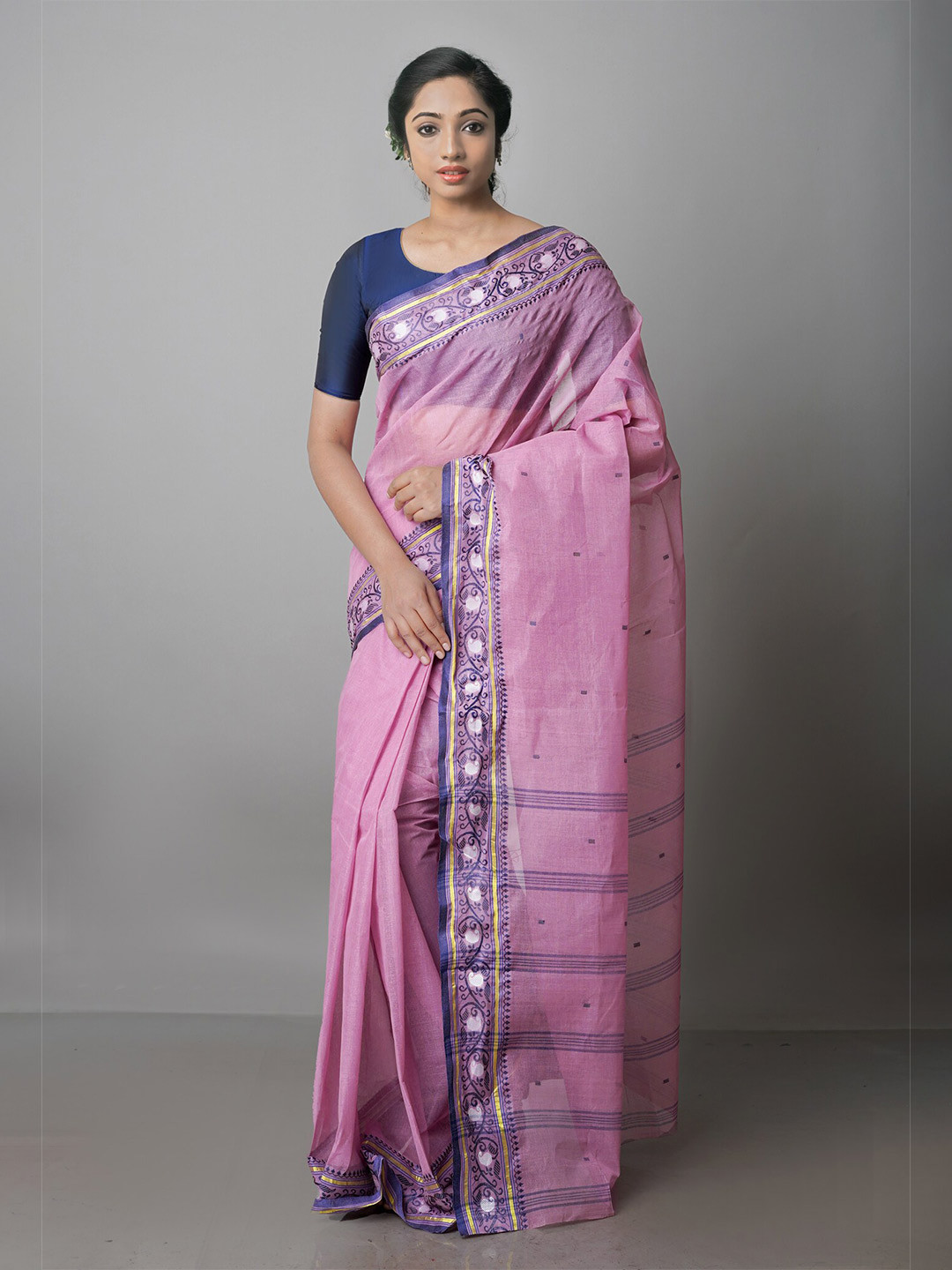 

Unnati Silks Woven Design Zari Pure Cotton Handloom Taant Saree, Pink