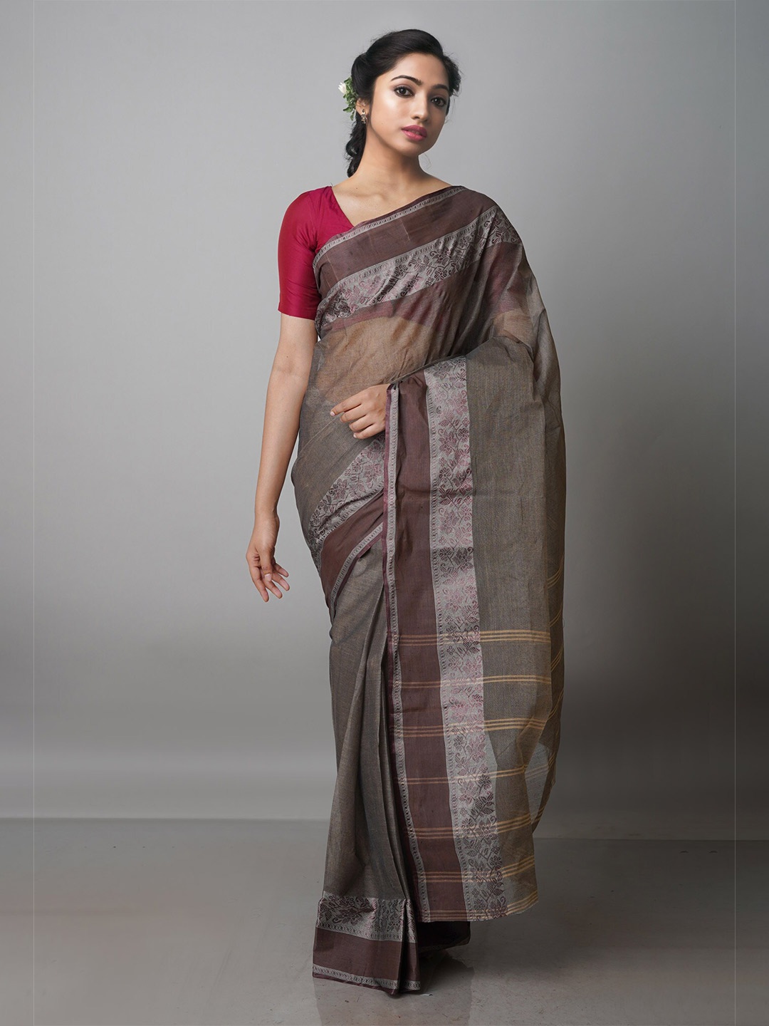 

Unnati Silks Zari Pure Cotton Handloom Taant Saree, Brown