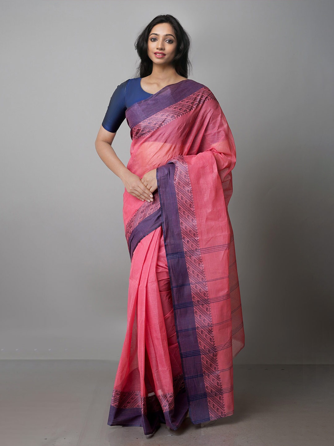 

Unnati Silks Ethnic Motifs Zari Pure Cotton Taant Saree, Pink