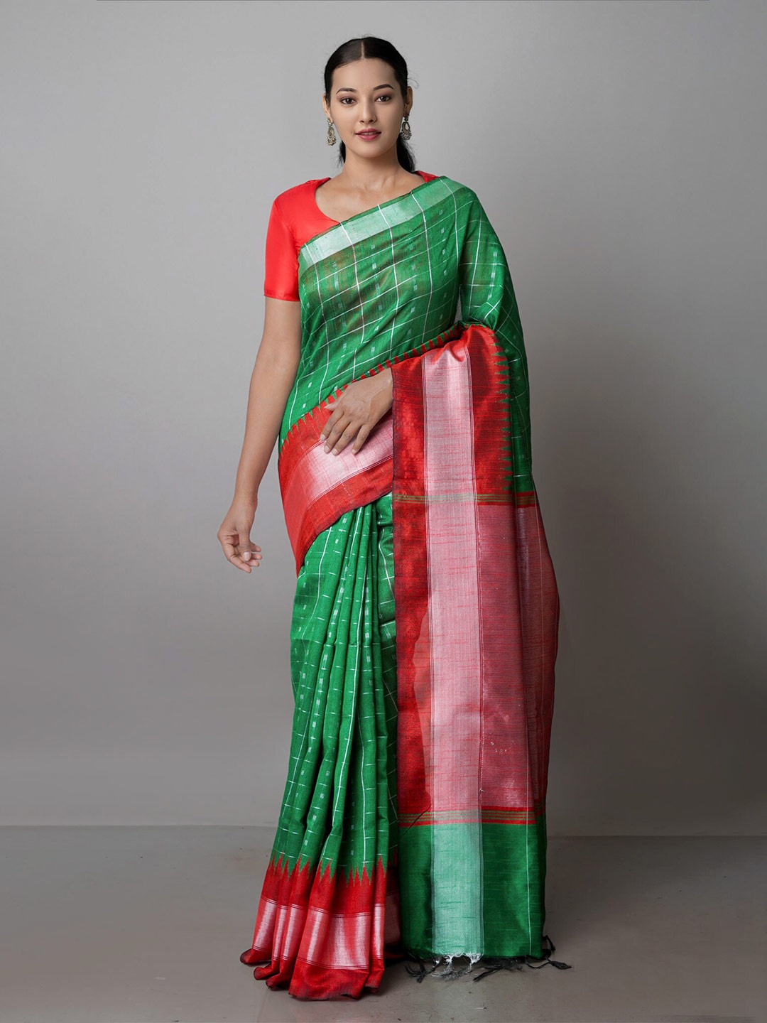 

Unnati Silks Checked Zari Silk Blend Bhagalpuri Saree, Green