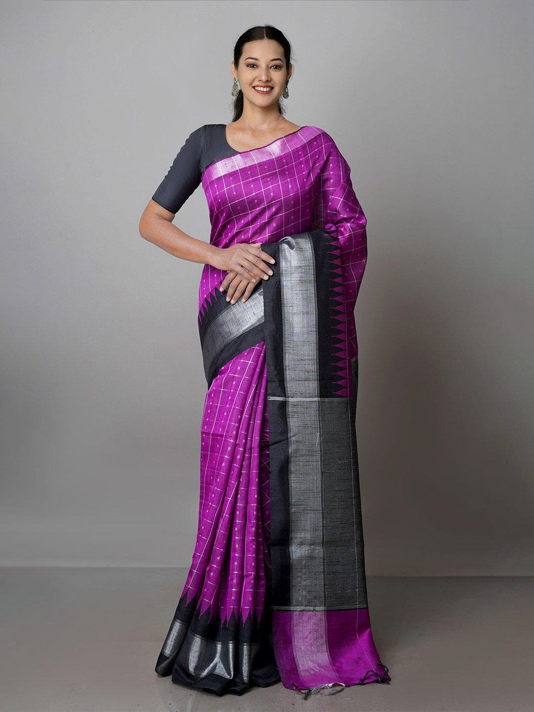 

Unnati Silks Checked Silk Blend Bhagalpuri Saree, Purple