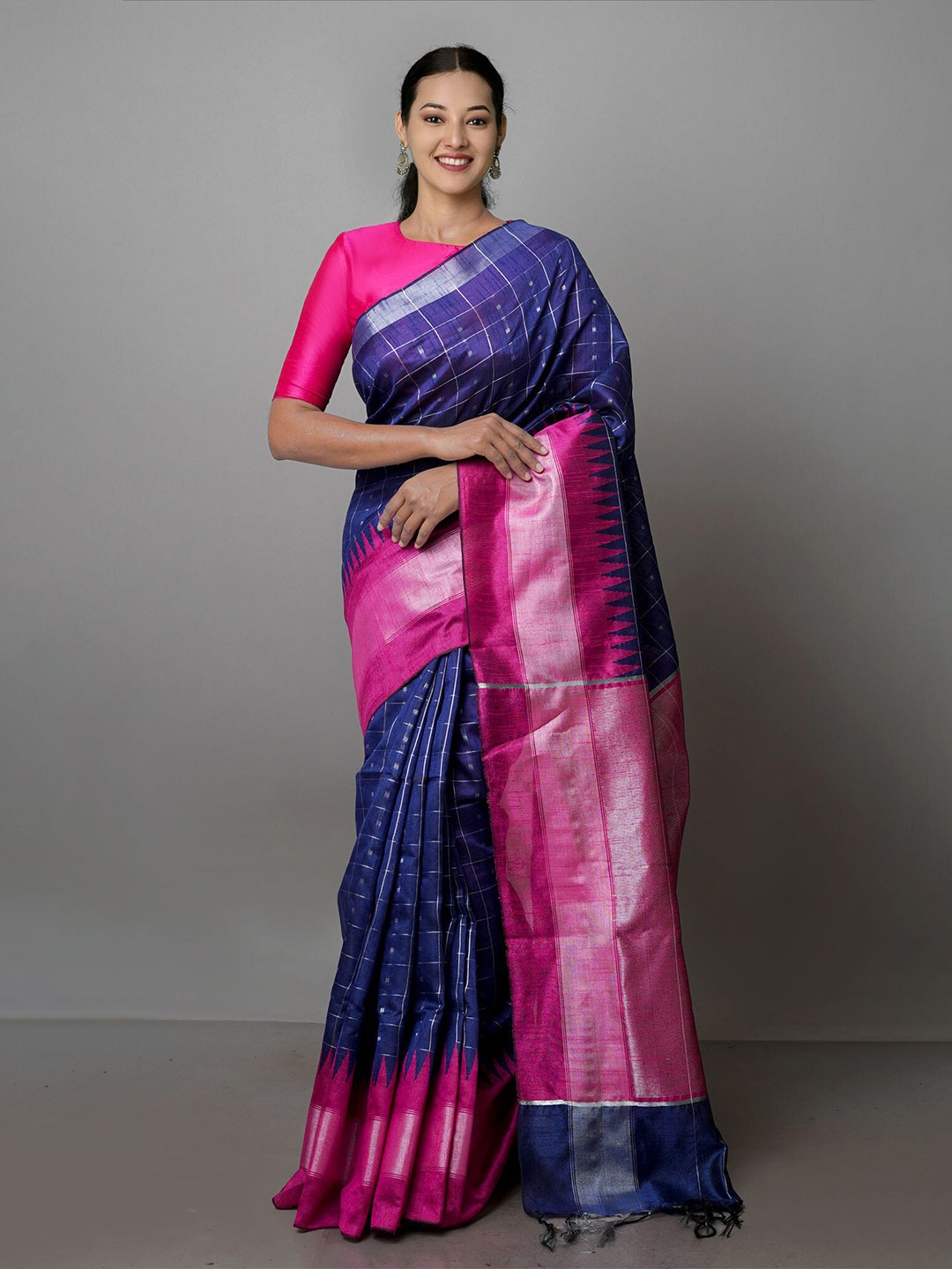 

Unnati Silks Checked Silk Blend Bhagalpuri Saree, Navy blue