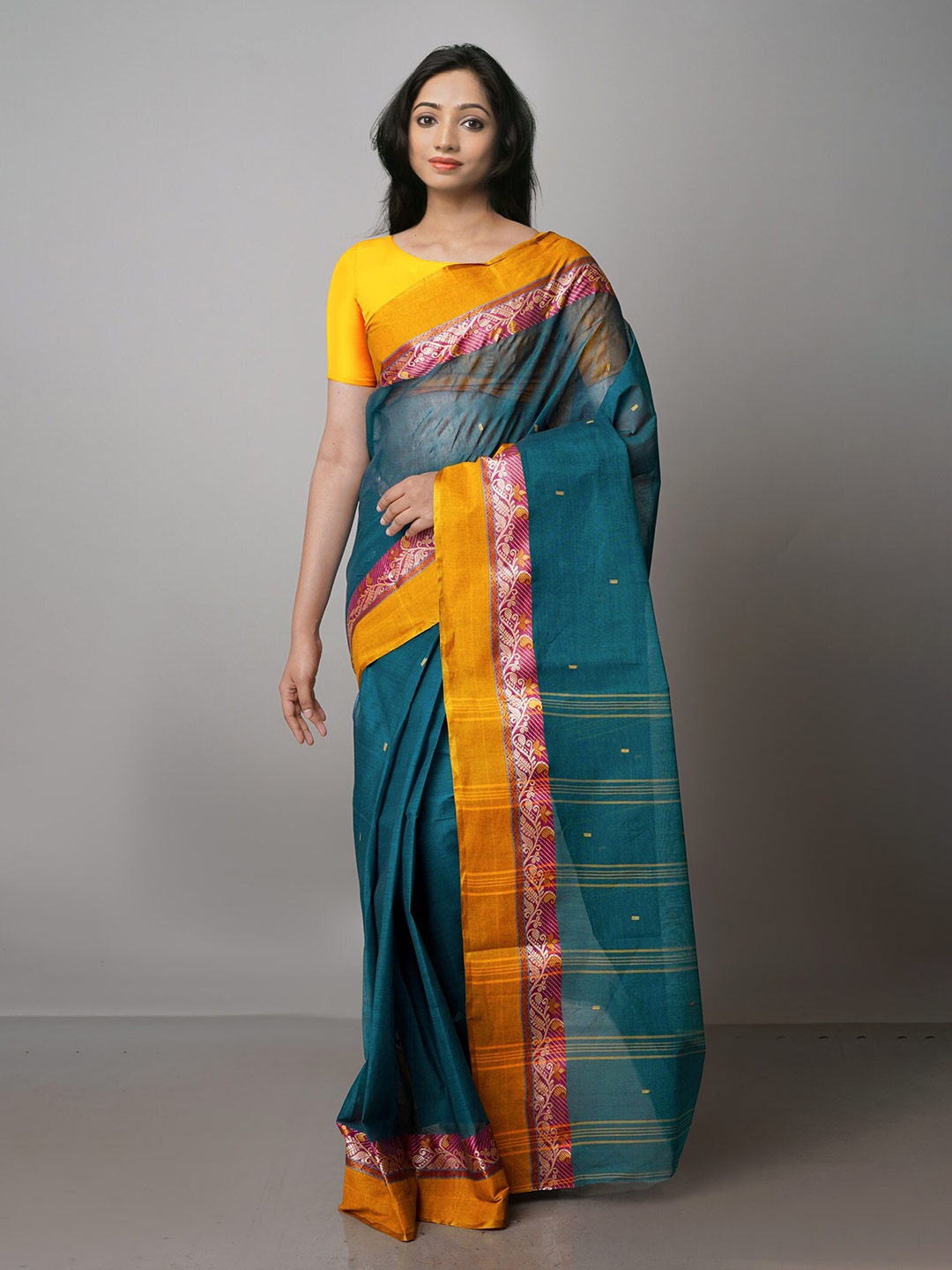 

Unnati Silks Woven Design Handloom Zari Pure Cotton Taant Saree, Teal