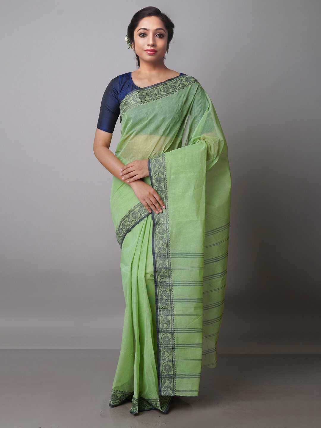 

Unnati Silks Handloom Zari Pure Cotton Taant Saree, Green
