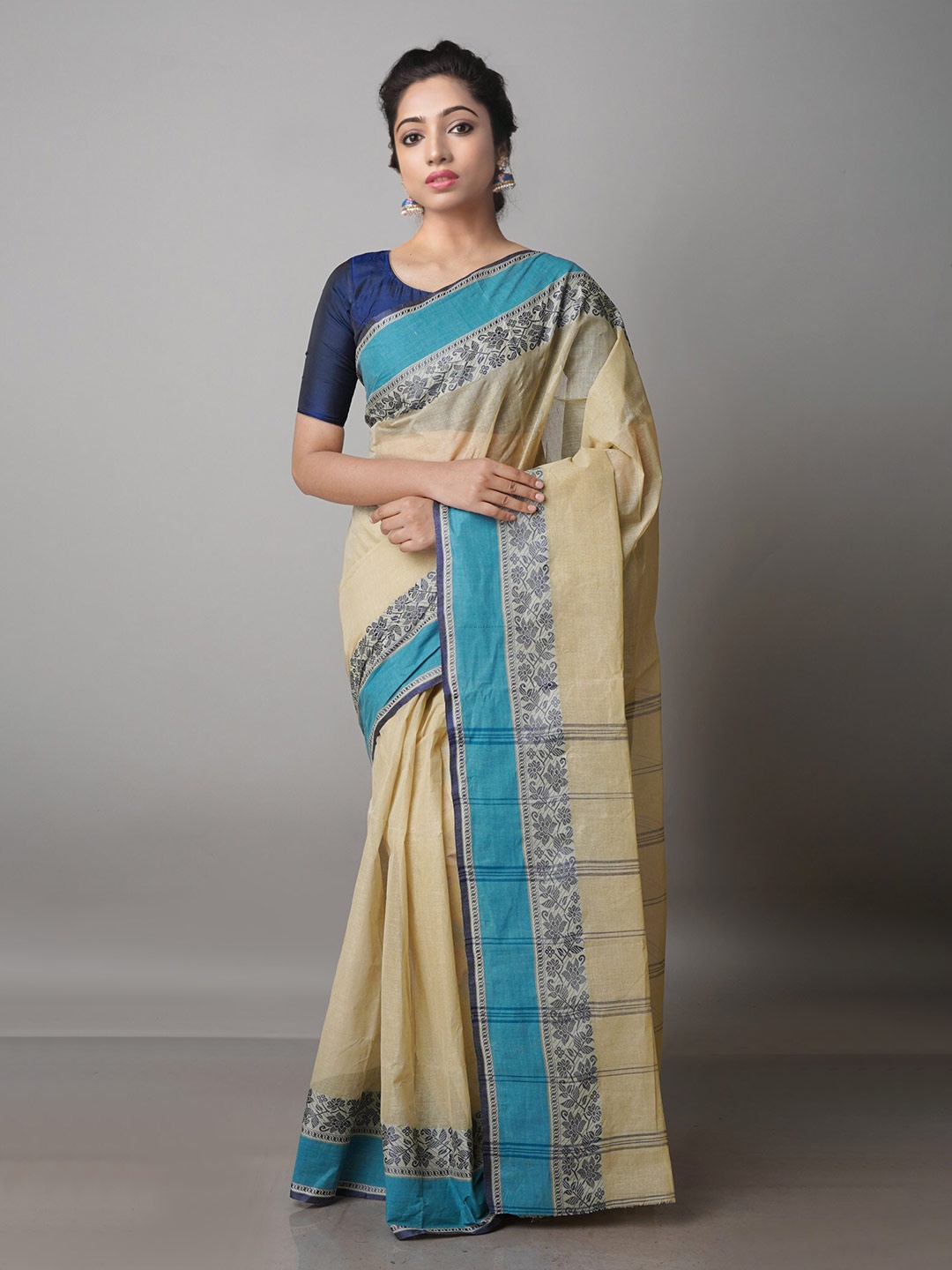 

Unnati Silks Handloom Zari Pure Cotton Taant Saree, Beige