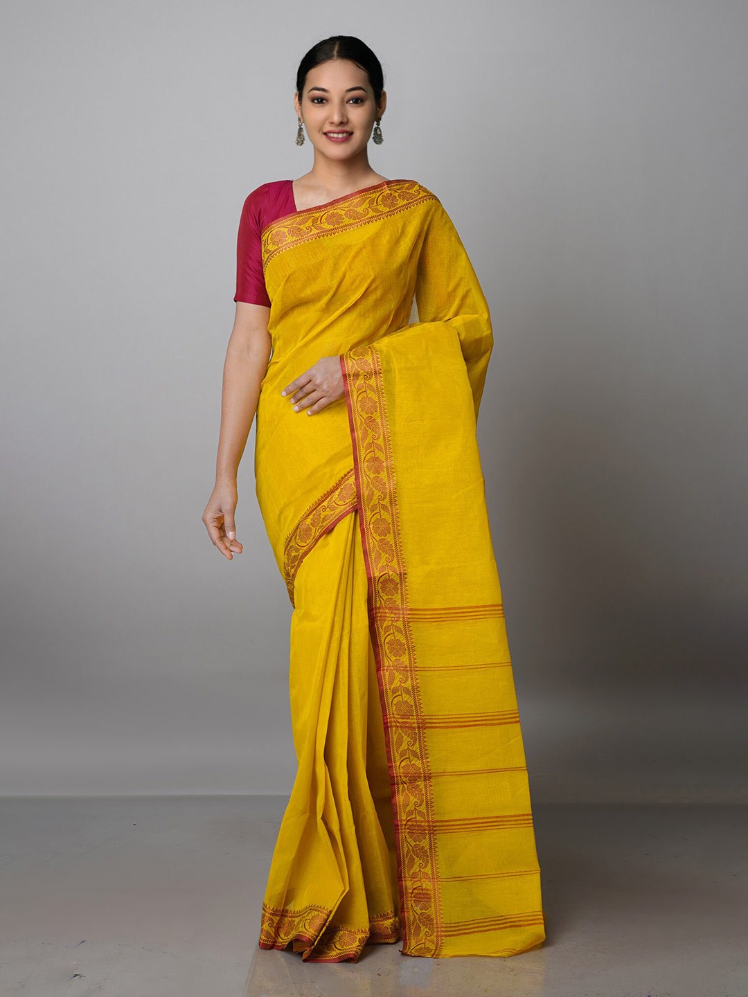 

Unnati Silks Handloom Zari Pure Cotton Taant Saree, Yellow