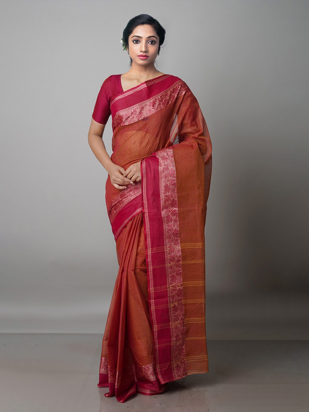 

Unnati Silks Handloom Pure Cotton Taant Saree, Red