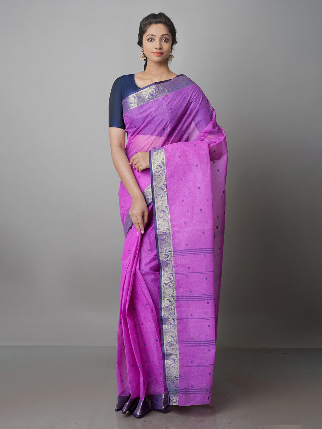 

Unnati Silks Woven Design Handloom Zari Pure Cotton Taant Saree, Purple