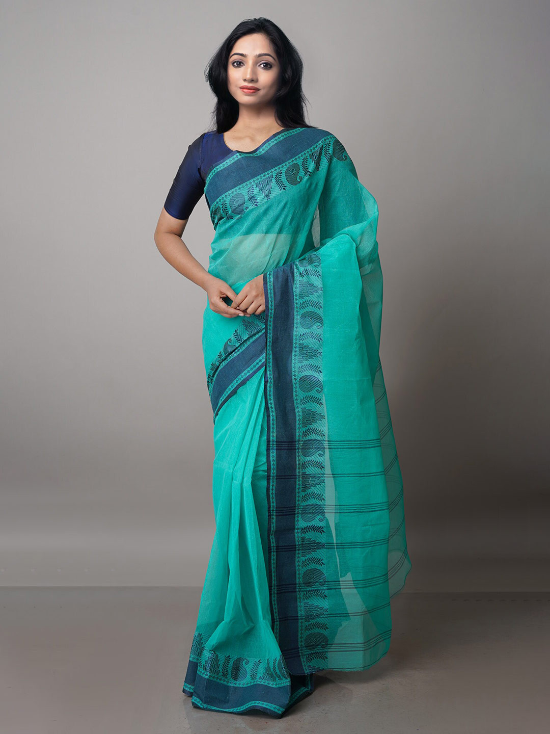 

Unnati Silks Blue Zari Pure Cotton Taant Saree