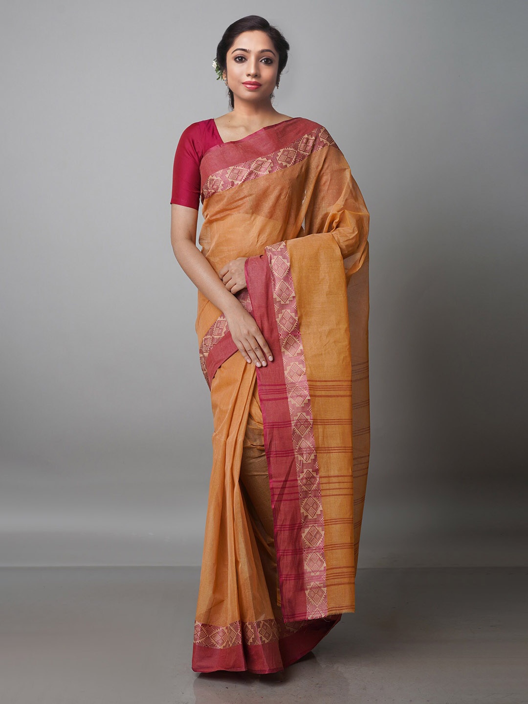

Unnati Silks Printed Zari Pure Cotton Taant Saree, Brown