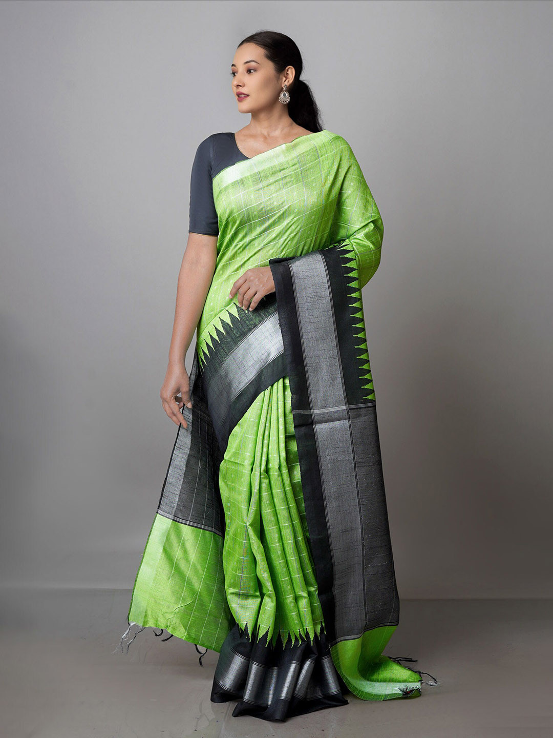 

Unnati Silks Printed Checked Zari Silk Blend Bhagalpuri Saree, Green
