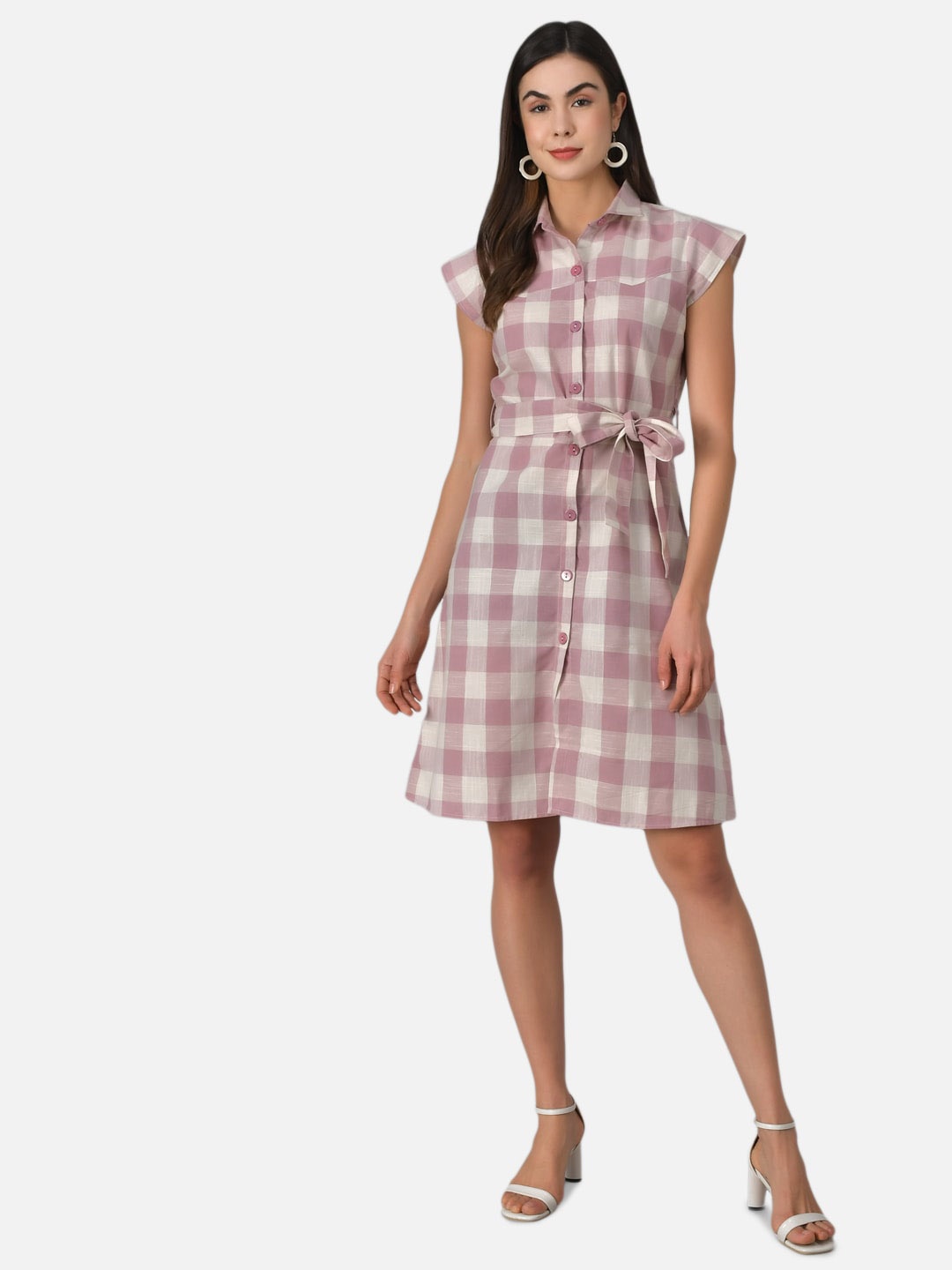 

Purple State Checked A-Line Cotton Dress, Pink