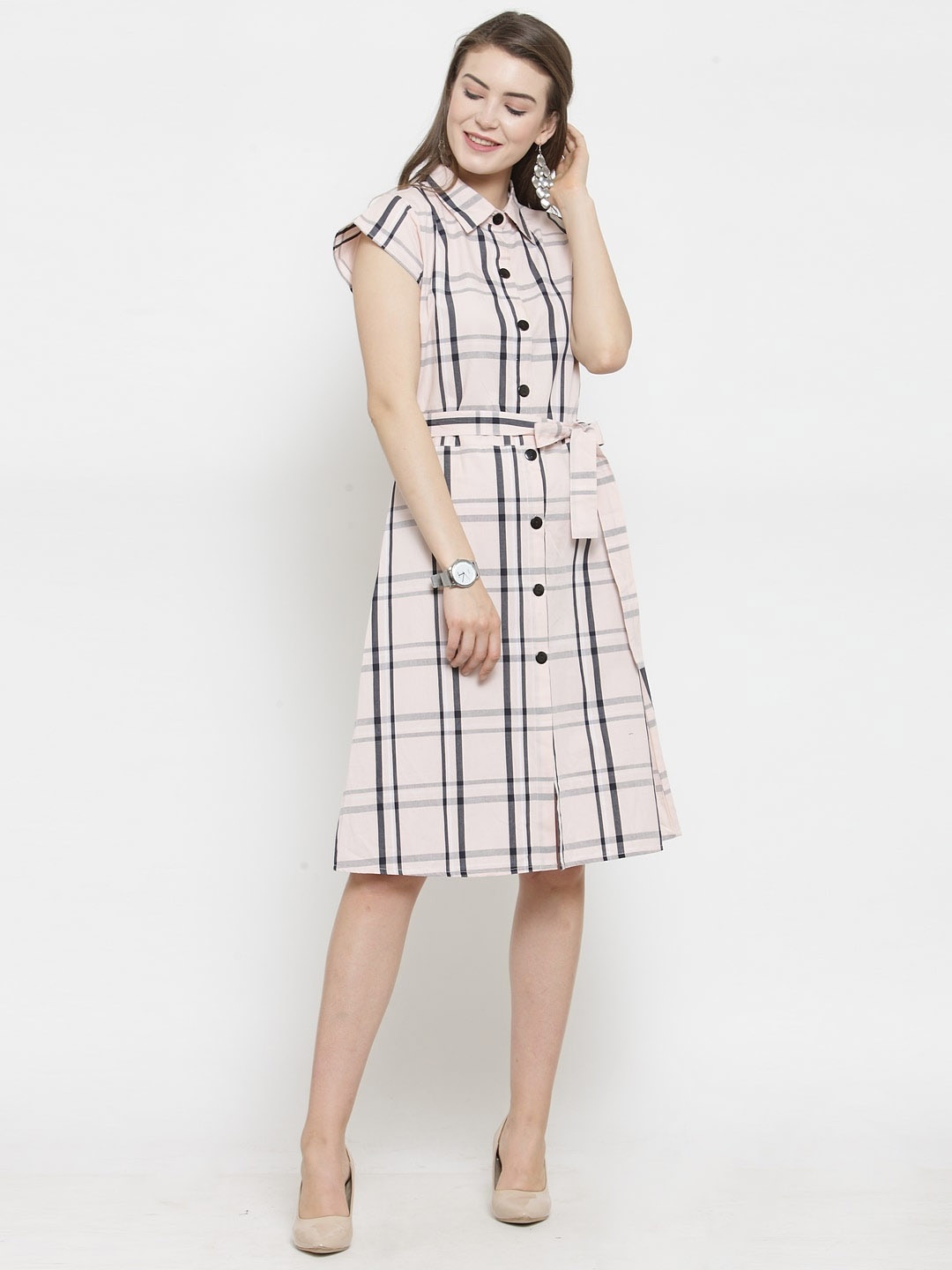 

Purple State Checked A-Line Cotton Dress, Peach