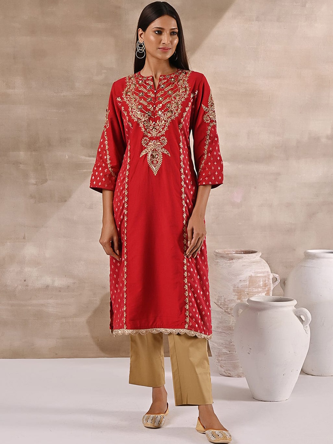 

Lakshita Women Ethnic Motifs Embroidered Thread Work Notch Collar Cotton Kurta, Red
