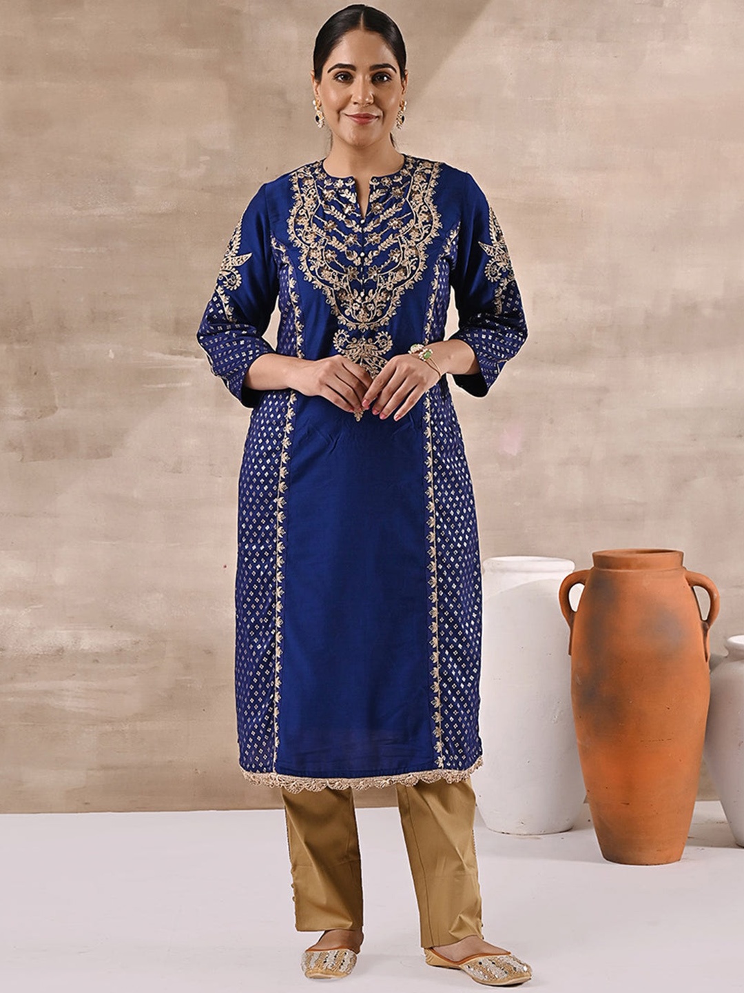 

Lakshita Women Blue Ethnic Motifs Embroidered Notch Collar Cotton Kurta