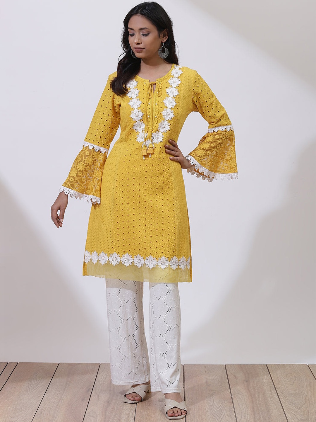 

Lakshita Women Ethnic Motifs Embroidered Bell Sleeves Cotton Kurta, Yellow