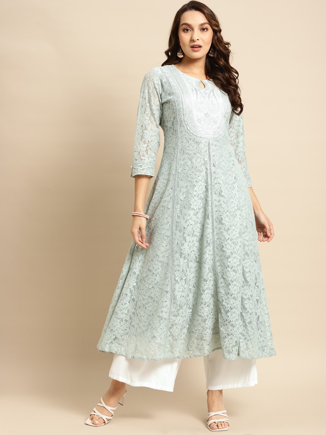 

Lakshita Women Ethnic Motifs Woven Design Keyhole Neck Anarkali Kurta, Green