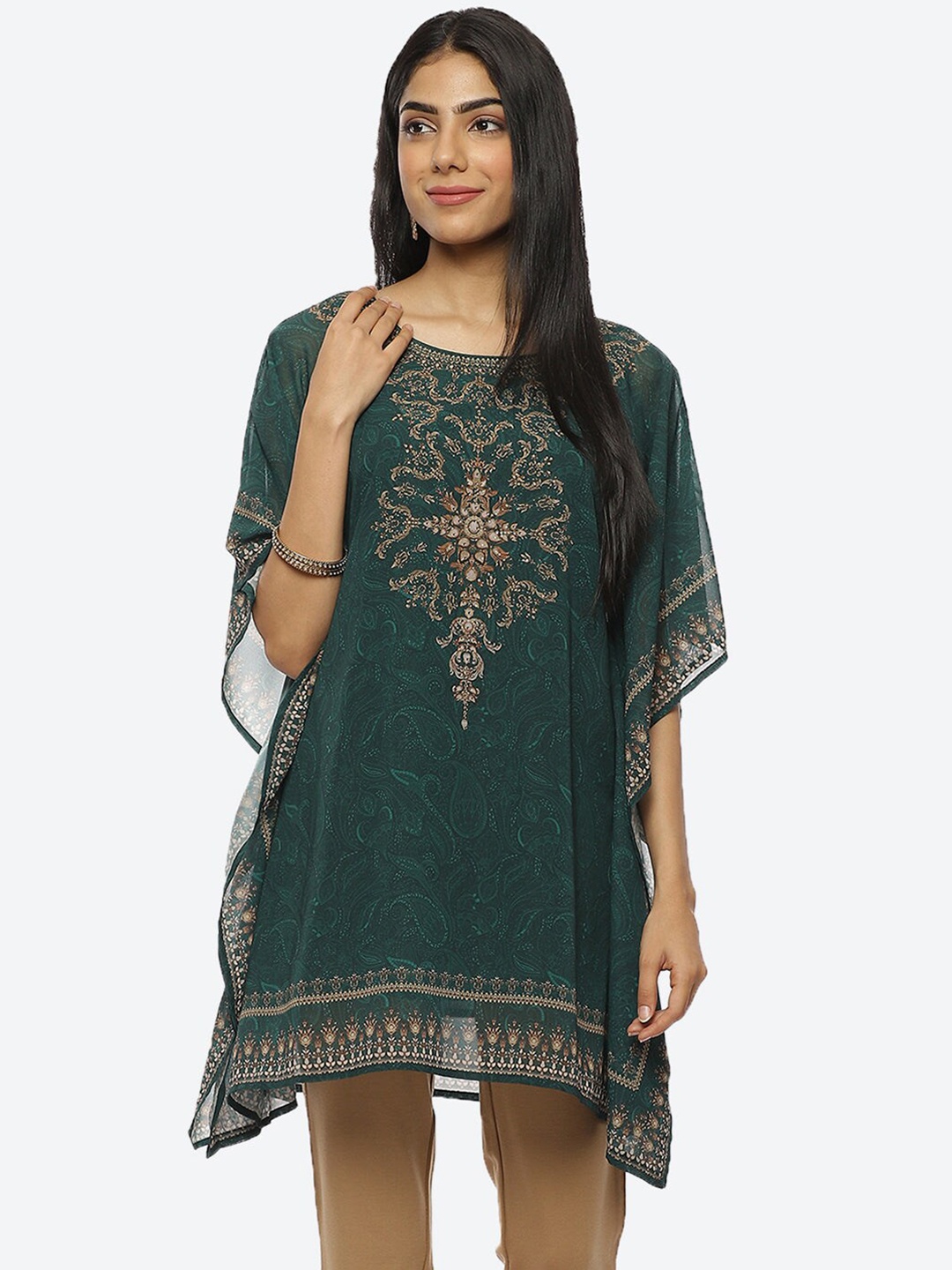 

Lakshita Women Cotton Ethnic Motifs Flared Sleeves Kaftan Kurta, Green