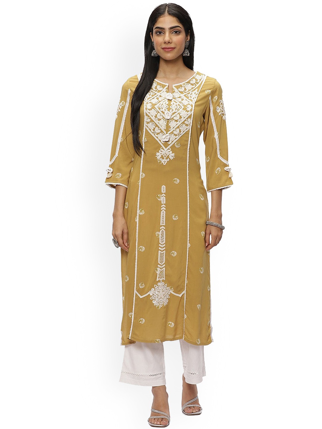 

Lakshita Women Floral Embroidered Thread Work Kurta, Green