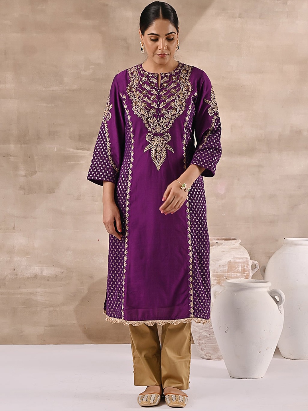 

Lakshita Plus Size Women Ethnic Motifs Embroidered Thread Work Cotton Kurta, Purple