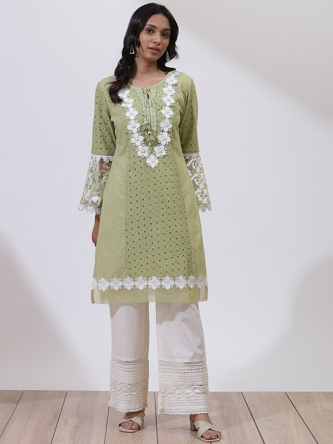 

Lakshita Women Embroidered Bell Sleeves Chikankari Cotton Kurta, Green