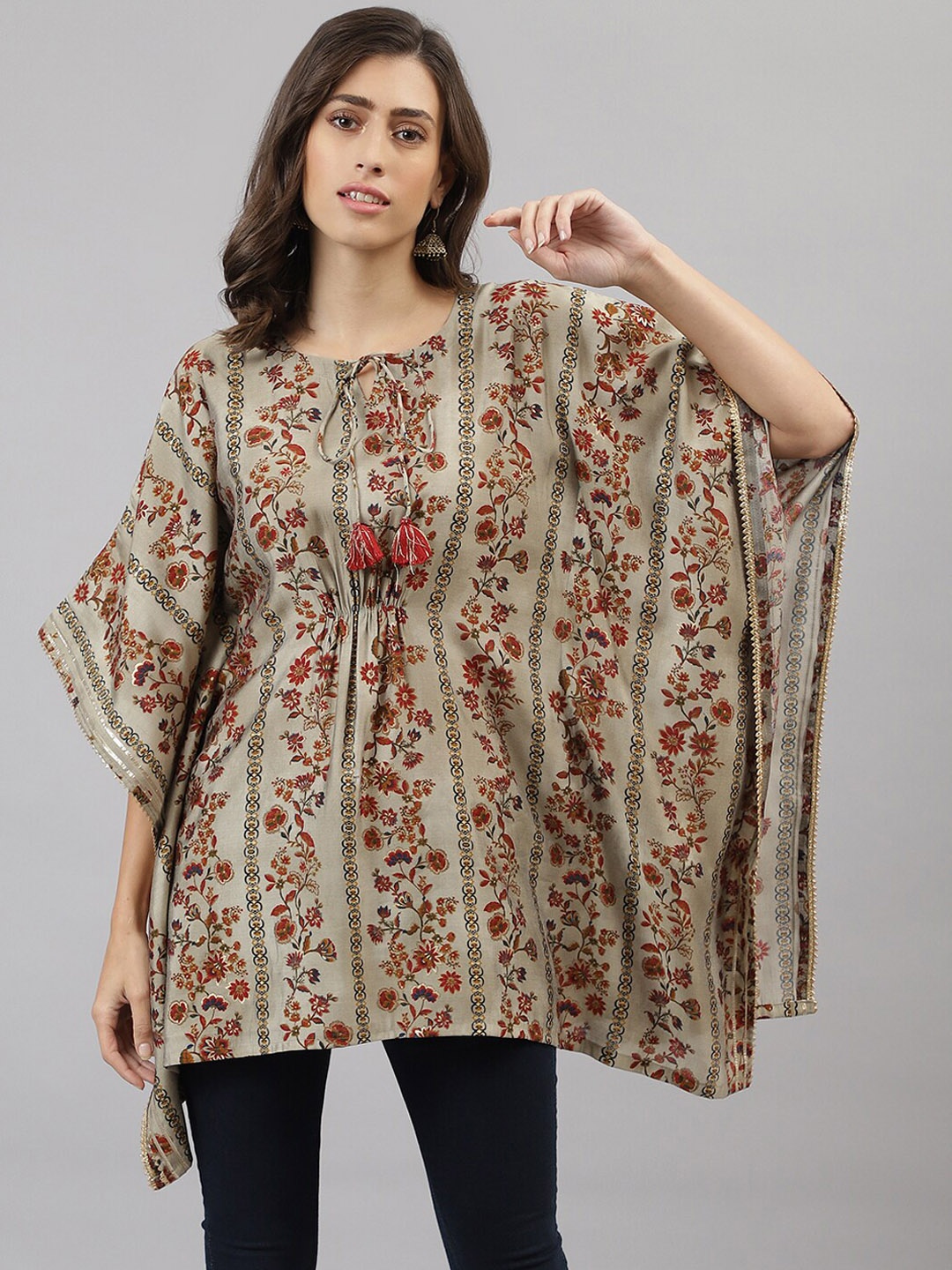 

TANKHI Floral Printed Pure Cotton Pleated Kaftan Kurti, Beige