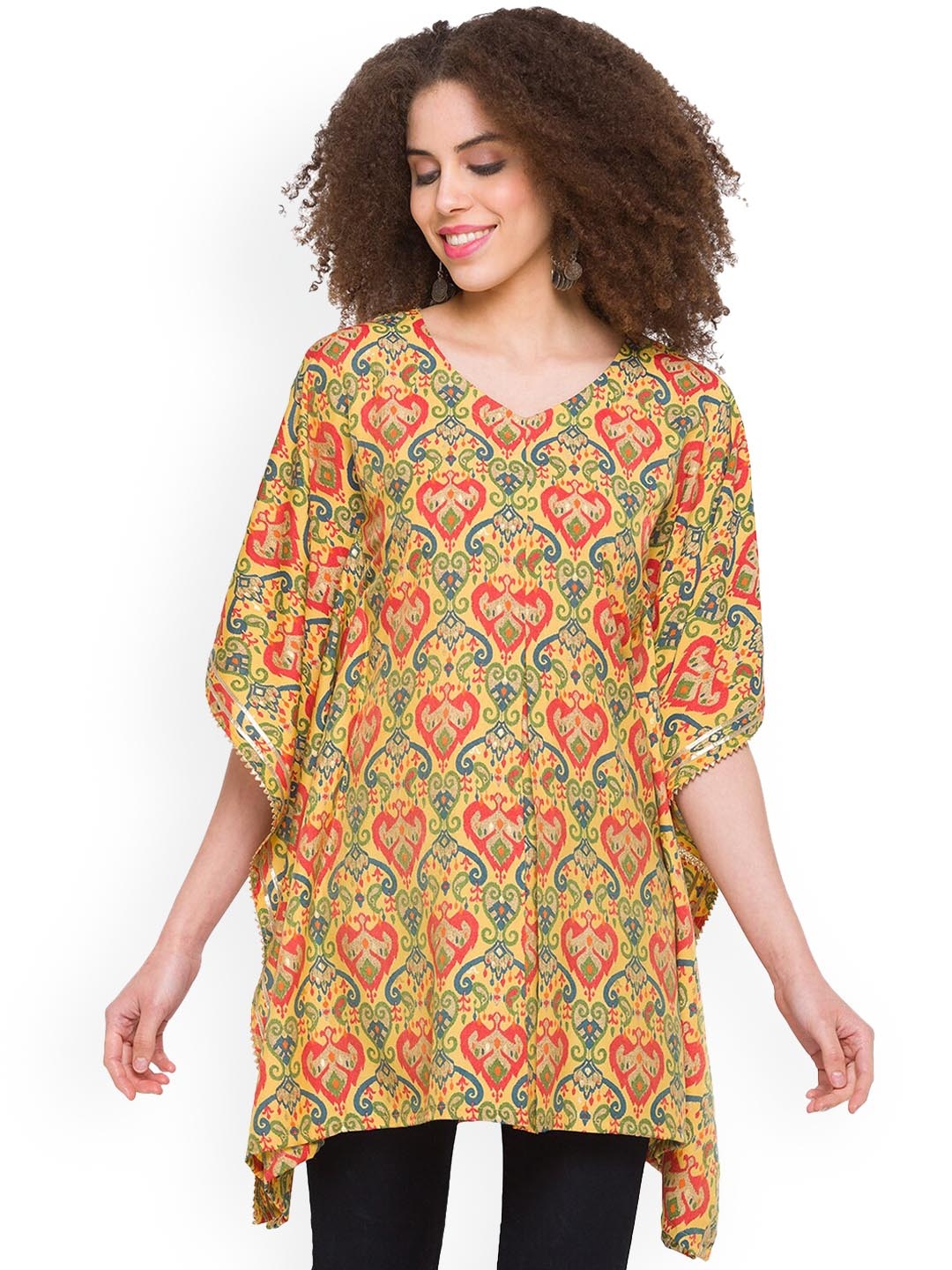 

TANKHI Women Printed Extended Sleeves Kaftan Kurta, Yellow