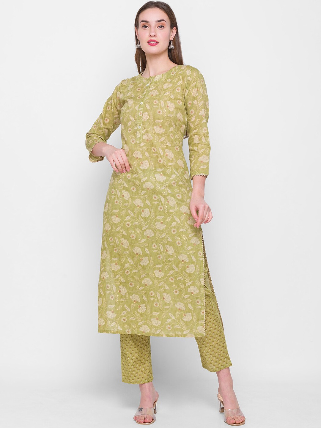 

TANKHI Women Floral Printed Chanderi Cotton Kurta with Trousers, Green