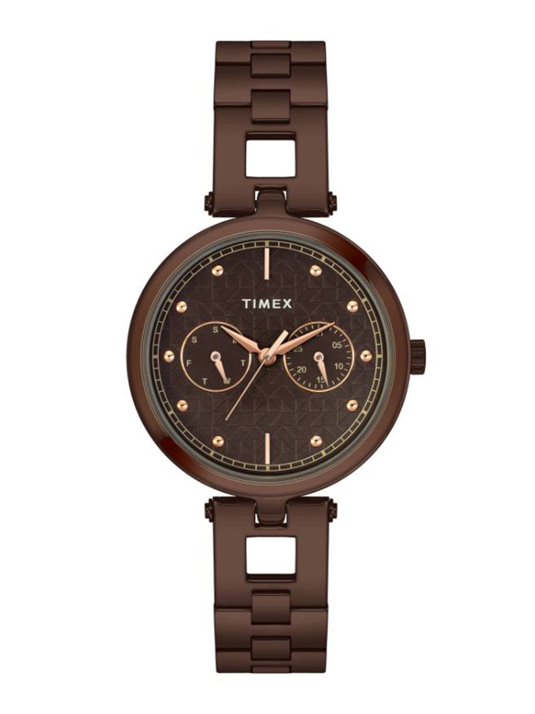 

Timex Women Brass Embellished Dial & Stainless Steel Bracelet Style Straps Analogue Watch, Brown