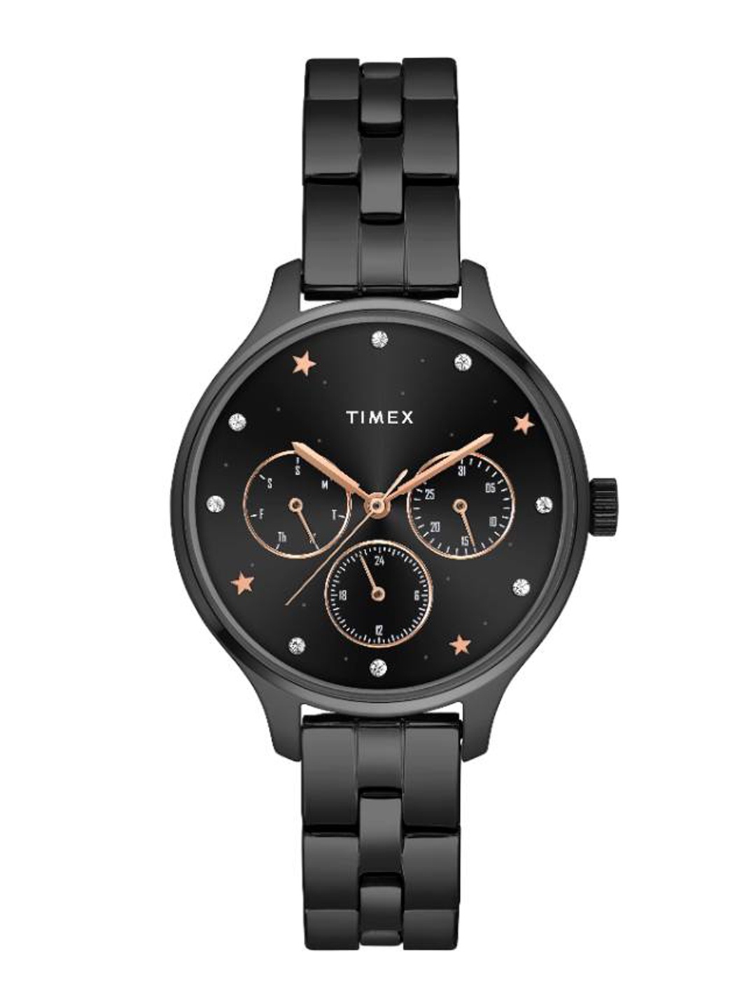

Timex Women Black Brass Embellished Dial & Black Stainless Steel Bracelet Style Straps Analogue Watch