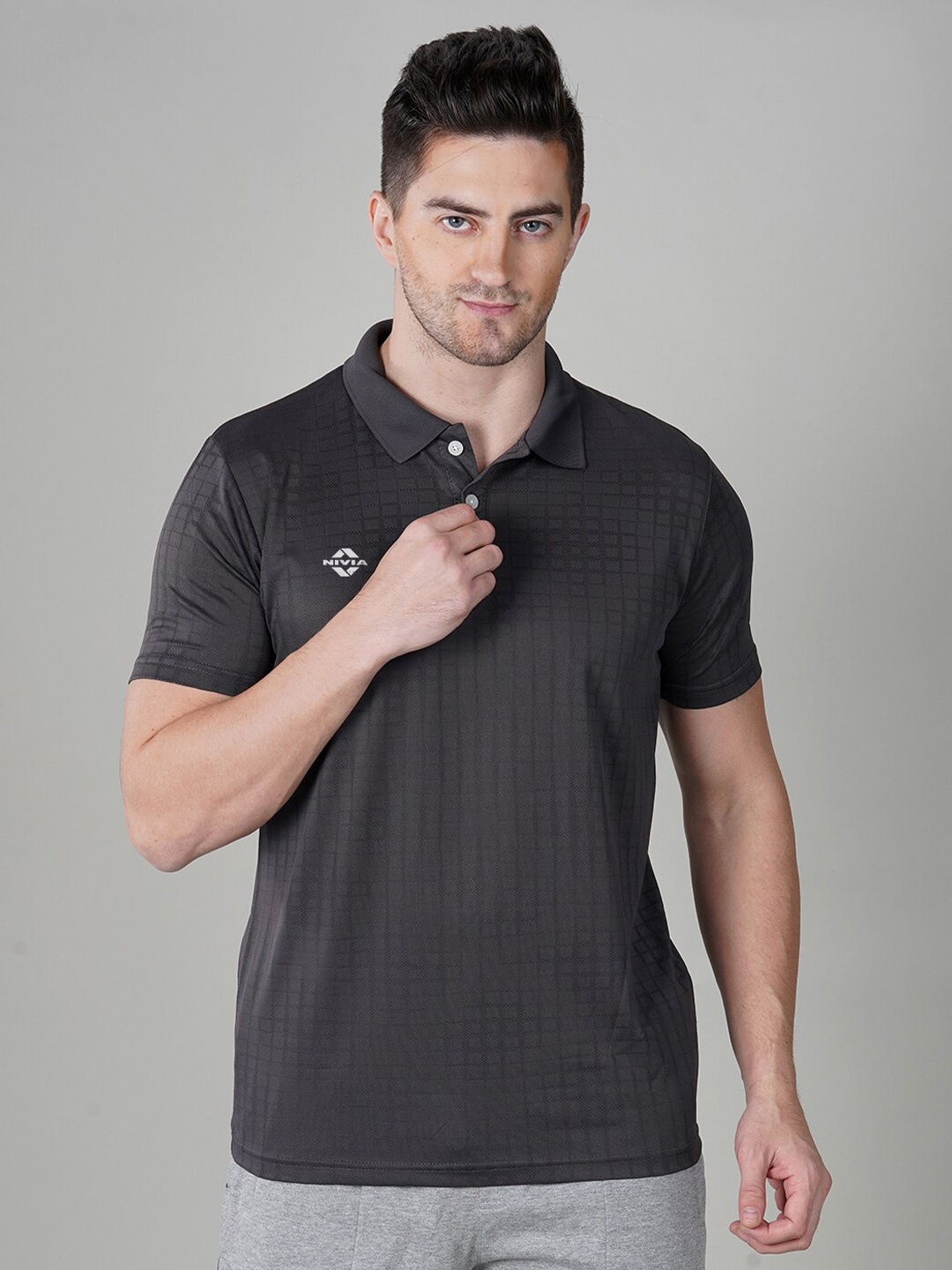 

NIVIA Men Printed Polo Collar T-shirt, Grey