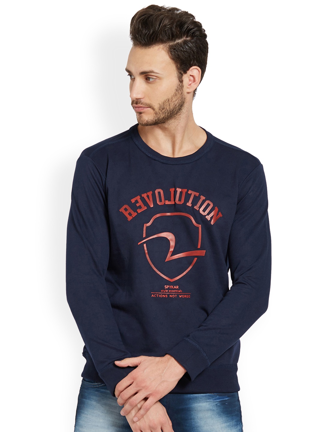 

SPYKAR Men Navy Blue Printed Round Neck T-shirt