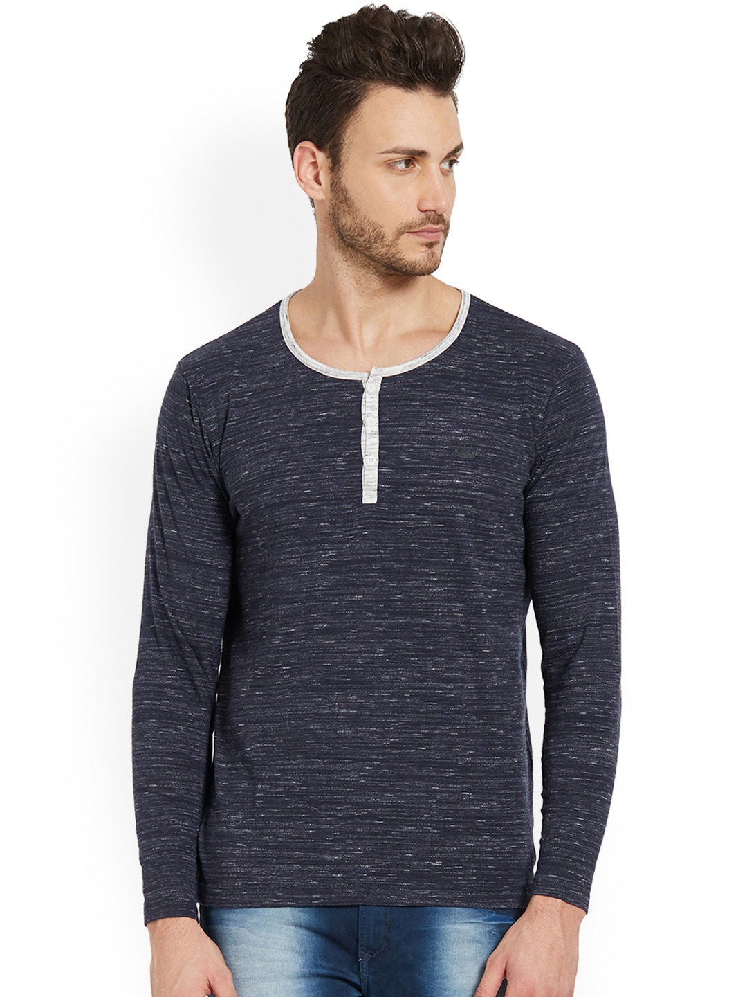 

SPYKAR Men Navy Blue Self Design Henley Neck T-shirt