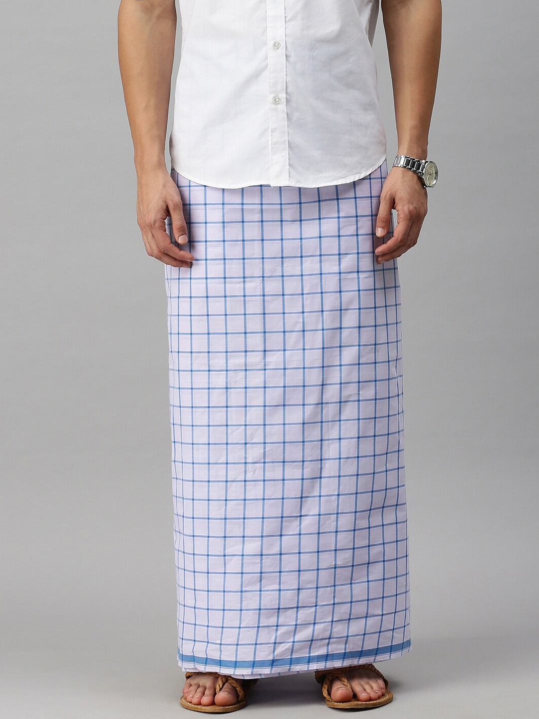 

Ulama Men Checked Pure Cotton Dhoti, White