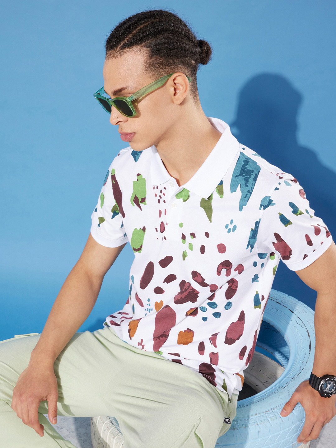 

Mast & Harbour Abstract Printed Polo Collar Pure Cotton T-shirt, White