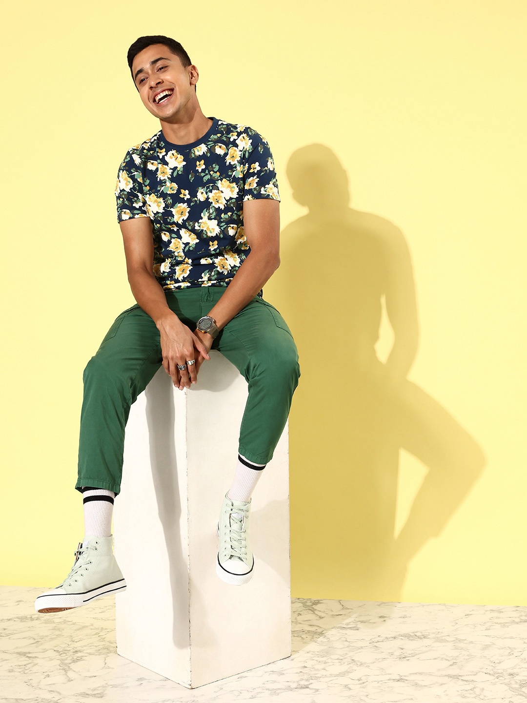 

Mast & Harbour Deep Navy Blue Floral Resort Fantasy Pure Cotton T-shirt