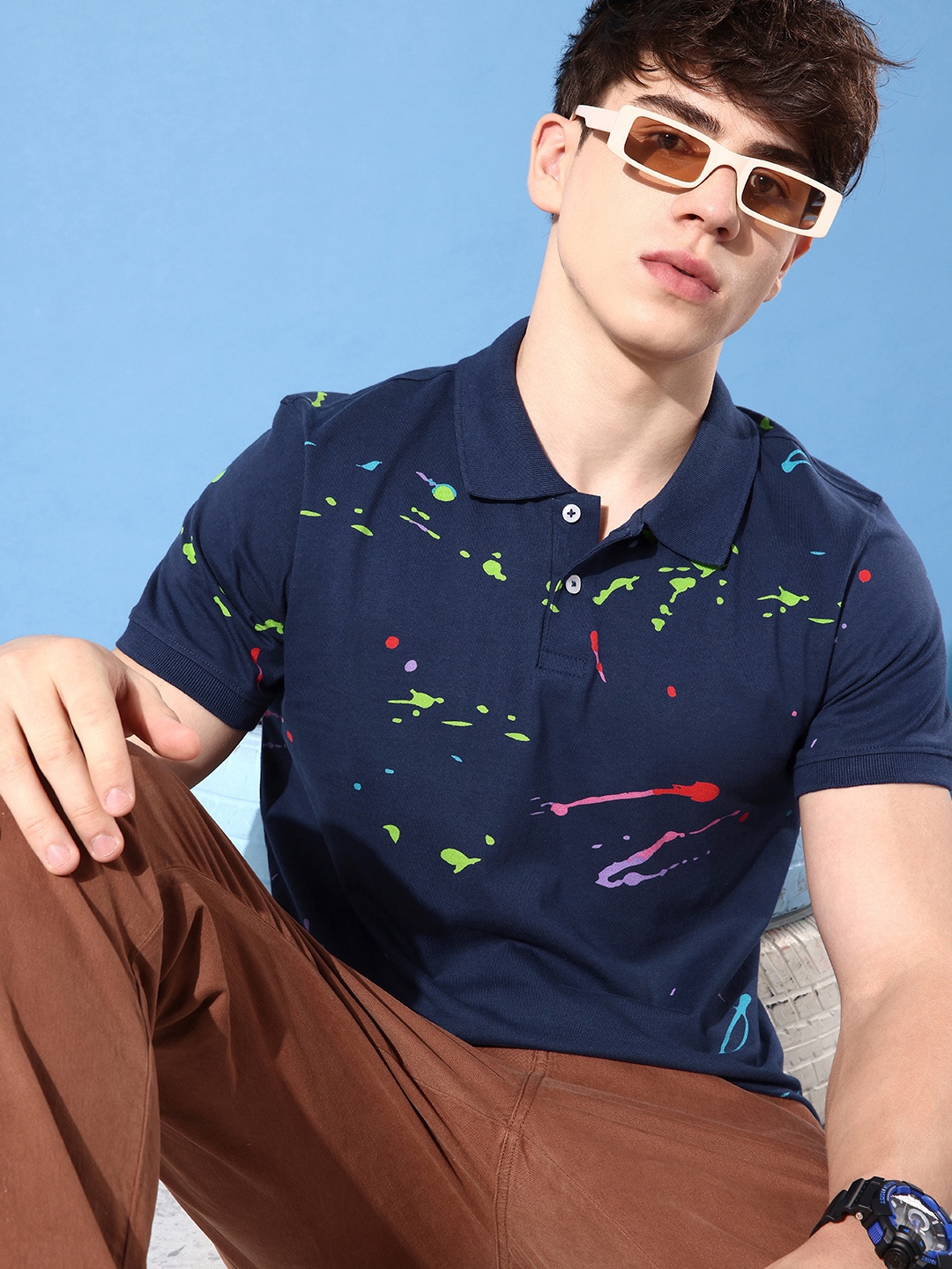 

Mast & Harbour Abstract Printed Polo Collar Pure Cotton T-shirt, Navy blue