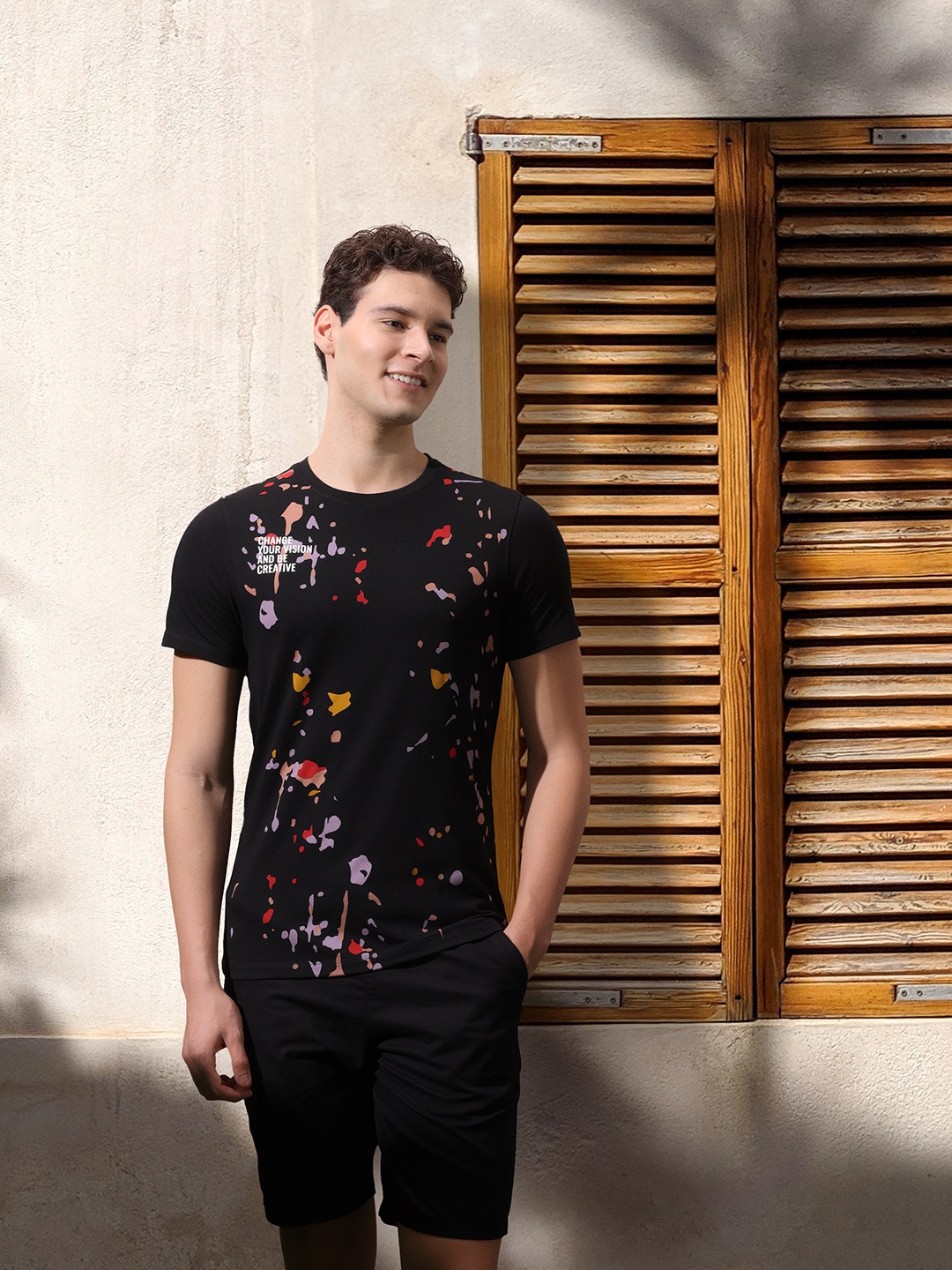 

Mast & Harbour Abstract Printed Pure Cotton Applique T-shirt, Black