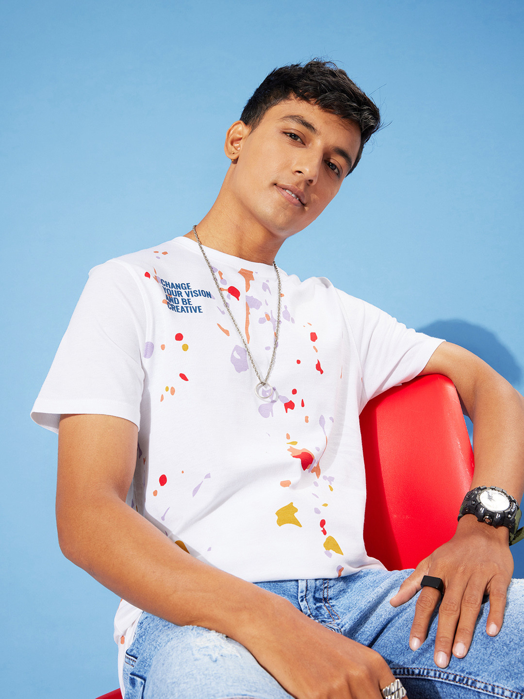 

Mast & Harbour Abstract Printed Pure Cotton Applique T-shirt, White